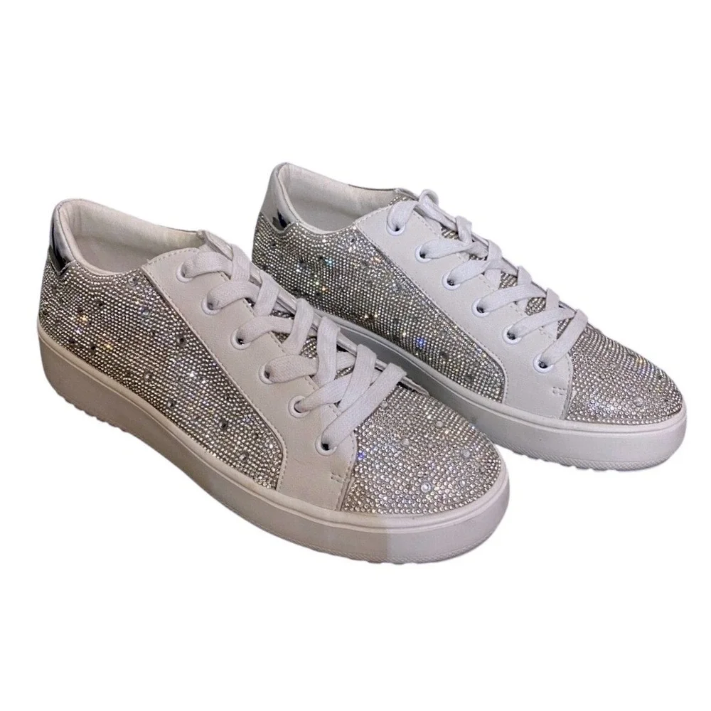 Steve Madden Rhinestone Sneakers Platform White Silver Women 9M‎ S Sparkle Bling